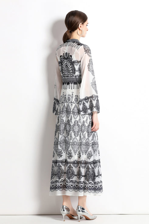 Vintage Ethnic Black Paisley Pattern, Stand-Up Collar, Long Flare Sleeve Dress